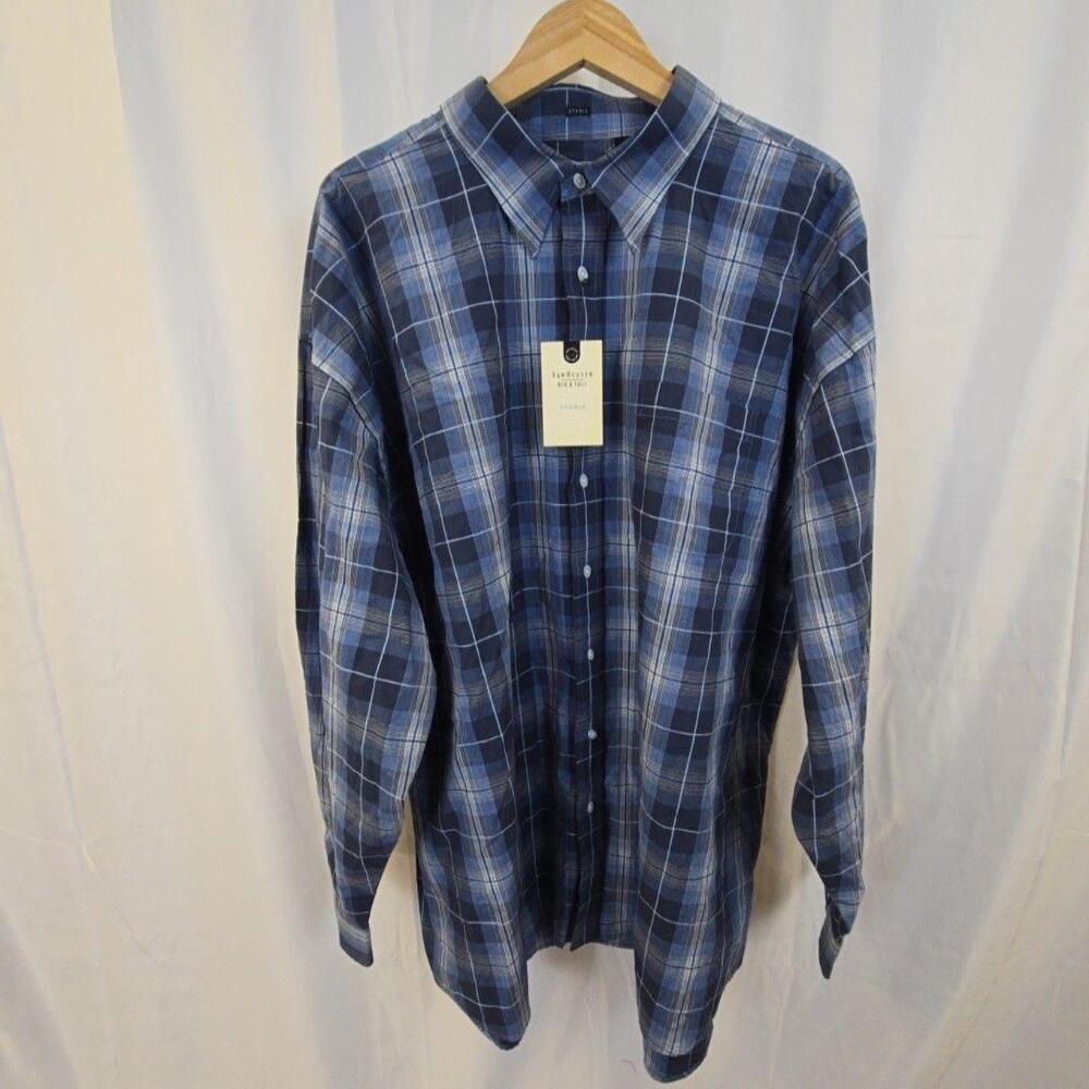 Van Heusen Shirt Mens 3XLT Blue Plaid Button Front Long Sleeve Big & Tall Studio